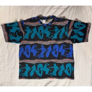 Vintage LA Gear 90s Skateboard All Over Print T-Shirt Black Blue Teal Large